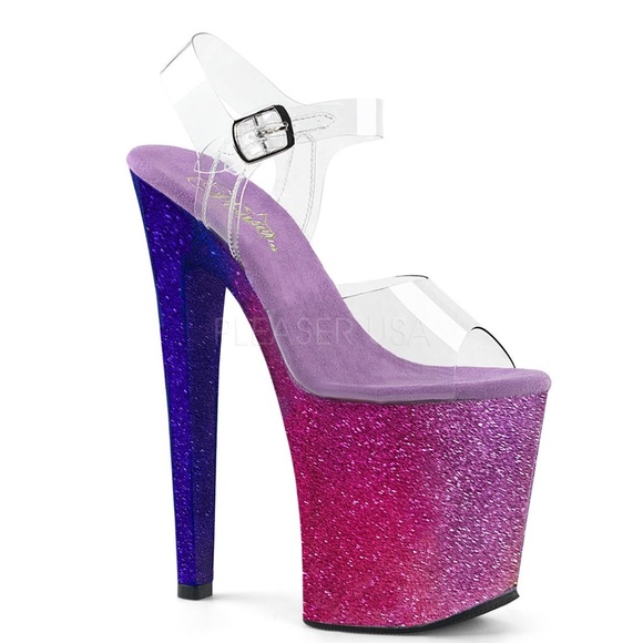 Pleaser Purple Glitter Ombré Platform Heels with Clear Straps - Picture 1 of 7